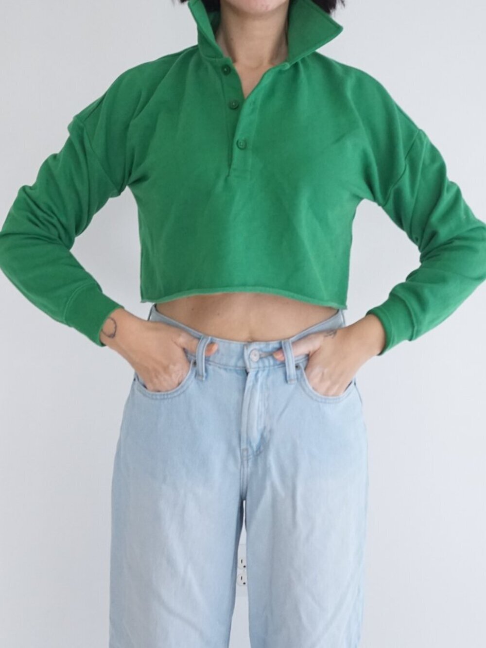 Aritzia Sunday Best Green Cropped Rugby Collar Cotton Sweatshirt Preppy 2XS